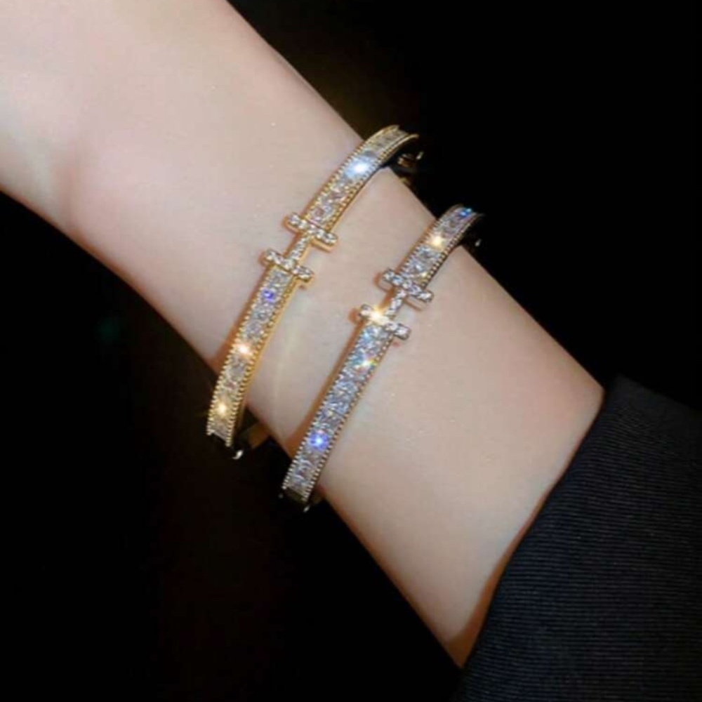 Gold Plated Stainless Steel CZ Bangle Bracelet | Sparkling Statement Jewelry - Picture 2 of 2